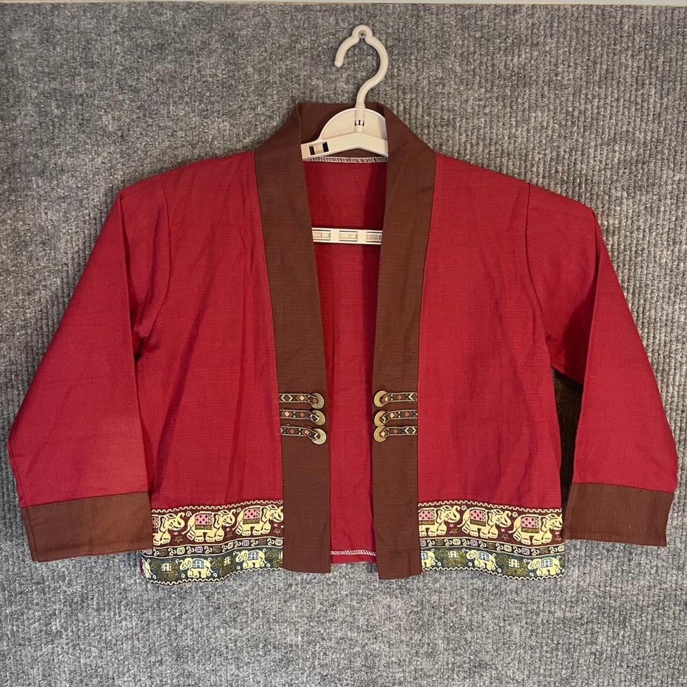 Traditional Thai Elephant Cropped Jacket Red Silk Coin Button Open Front Boho